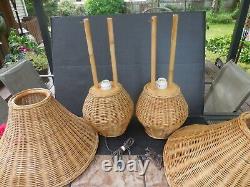 Pair Vintage Rattan, Wicker & Bamboo Table Lamps With Shades 24 Tall