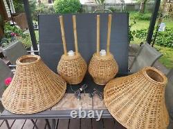 Pair Vintage Rattan, Wicker & Bamboo Table Lamps With Shades 24 Tall