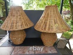 Pair Vintage Rattan, Wicker & Bamboo Table Lamps With Shades 24 Tall