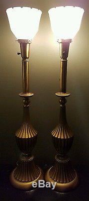 Pair Vintage Rembrandt Brass Lamps HUGE HEAVY with original shades & labels