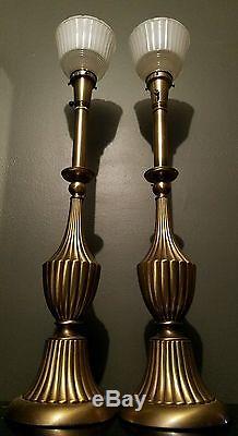 Pair Vintage Rembrandt Brass Lamps HUGE HEAVY with original shades & labels