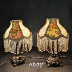 Pair Vintage Small Victorian Fringe Lampshade Floral Fabric Beaded Boudoir Shade