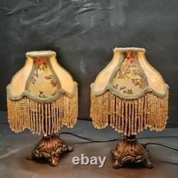 Pair Vintage Small Victorian Fringe Lampshade Floral Fabric Beaded Boudoir Shade