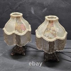 Pair Vintage Small Victorian Fringe Lampshade Floral Fabric Beaded Boudoir Shade