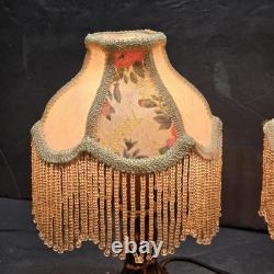 Pair Vintage Small Victorian Fringe Lampshade Floral Fabric Beaded Boudoir Shade Pair Vintage Small Victorian Fringe Lampshade Floral Fabric Beaded Boudoir Shade
