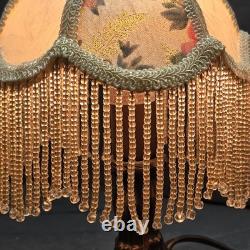 Pair Vintage Small Victorian Fringe Lampshade Floral Fabric Beaded Boudoir Shade