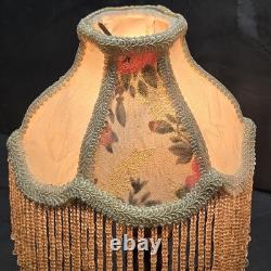 Pair Vintage Small Victorian Fringe Lampshade Floral Fabric Beaded Boudoir Shade