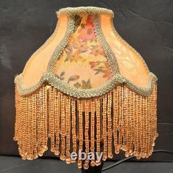 Pair Vintage Small Victorian Fringe Lampshade Floral Fabric Beaded Boudoir Shade