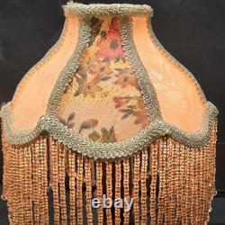 Pair Vintage Small Victorian Fringe Lampshade Floral Fabric Beaded Boudoir Shade