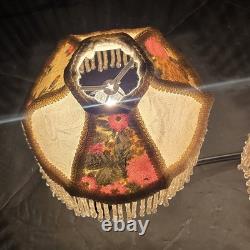 Pair Vintage Small Victorian Fringe Lampshade Floral Fabric Beaded Boudoir Shade