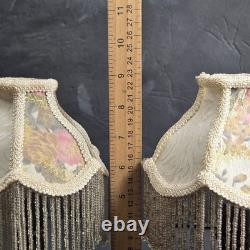 Pair Vintage Small Victorian Fringe Lampshade Floral Fabric Beaded Boudoir Shade