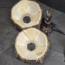 Pair Vintage Small Victorian Fringe Lampshade Floral Fabric Beaded Boudoir Shade
