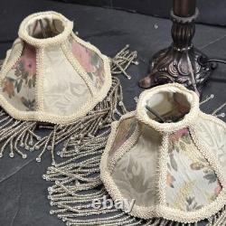 Pair Vintage Small Victorian Fringe Lampshade Floral Fabric Beaded Boudoir Shade