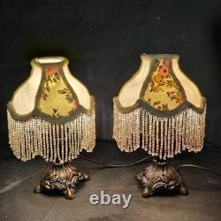 Pair Vintage Small Victorian Fringe Lampshade Floral Fabric Beaded Boudoir Shade