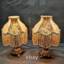 Pair Vintage Small Victorian Fringe Lampshade Floral Fabric Beaded Boudoir Shade