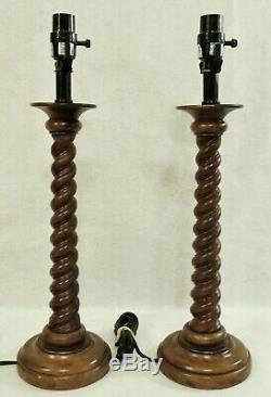 Pair Vintage Solid Oak Wood Barley Twist Table Lamps with Shades #5819