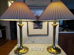 Pair Vintage Stiffel Brass Tulip Lotus Flower Table Lamps with Shades Lilly Pad