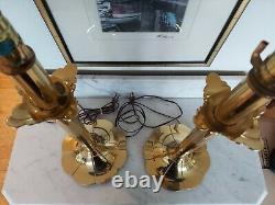 Pair Vintage Stiffel Brass Tulip Lotus Flower Table Lamps with Shades Lilly Pad
