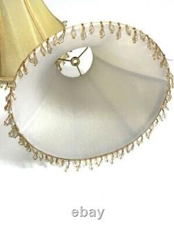Pair Vintage Yellow Gold Lampshades 2 Faux Silk Beads Fringe Trim Lighting Decor