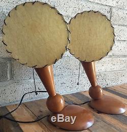 Pair Vtg 50s Carved Wood Lamps Fiberglass Shades Retro Mid Century Modern Atomic