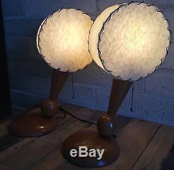 Pair Vtg 50s Carved Wood Lamps Fiberglass Shades Retro Mid Century Modern Atomic