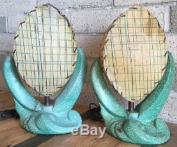 Pair Vtg 50s Chalkware Lamps Fiberglass Shades Retro Mid Century Plasto Majestic