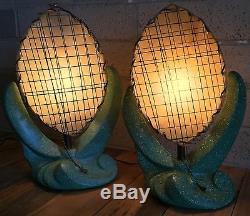 Pair Vtg 50s Chalkware Lamps Fiberglass Shades Retro Mid Century Plasto Majestic