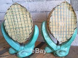 Pair Vtg 50s Chalkware Lamps Fiberglass Shades Retro Mid Century Plasto Majestic