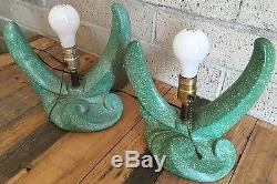 Pair Vtg 50s Chalkware Lamps Fiberglass Shades Retro Mid Century Plasto Majestic