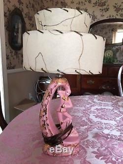 Pair Vtg Ceramic Lamps Ballet Figurine Pink Gold Tiered Fiberglass Shades Atomic