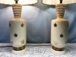Pair Vtg MCM Atomic Starburst Stars Gold Ceramic Table Lamps Fiberglass Shades