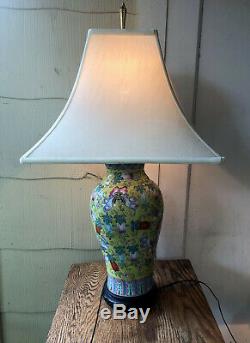 Pair of 2 Vintage Chinese Famille Jaune Yellow Porcelain Vase Table Lamps Shades