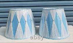 Pair of 2 Vintage Pinch Pleat Empire Lamp Shades Light Blue and White 15 Tall