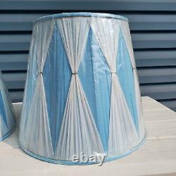 Pair of 2 Vintage Pinch Pleat Empire Lamp Shades Light Blue and White 15 Tall