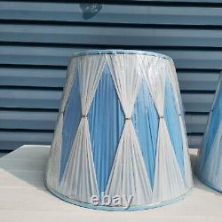 Pair of 2 Vintage Pinch Pleat Empire Lamp Shades Light Blue and White 15 Tall