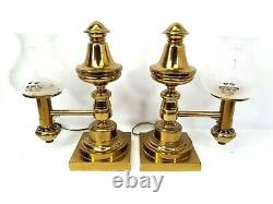 Pair of Antique Messenger & Sons Argand Brass Lamps with Foliate Glass Shades