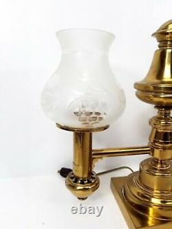 Pair of Antique Messenger & Sons Argand Brass Lamps with Foliate Glass Shades