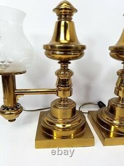 Pair of Antique Messenger & Sons Argand Brass Lamps with Foliate Glass Shades