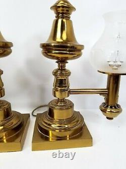 Pair of Antique Messenger & Sons Argand Brass Lamps with Foliate Glass Shades