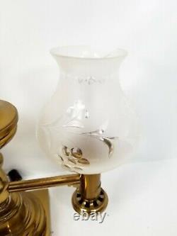 Pair of Antique Messenger & Sons Argand Brass Lamps with Foliate Glass Shades