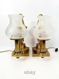 Pair of Antique Messenger & Sons Argand Brass Lamps with Foliate Glass Shades