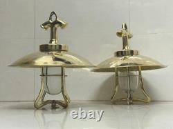 Pair of Brass Replica Ceiling Pendant Lamps Retro Hanging Lights with Shades