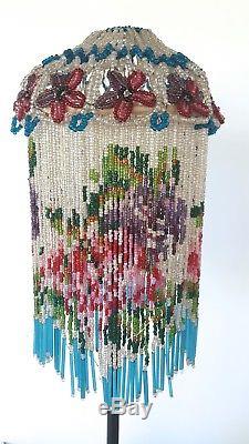 Pair of Czech Glass Bead Lamp Shades Vintage VTG Pink Purple Flowers Blue Beads