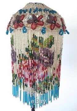 Pair of Czech Glass Bead Lamp Shades Vintage VTG Pink Purple Flowers Blue Beads