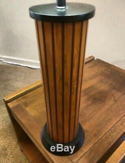 Pair of Hans Wegner Wood Strip Base Rattan Shade Table Lamps Vintage MCM/1969