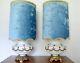 Pair Of Large Carnival Glass Lamps With Turquoise Velvet Shades, Vintage, 1950s