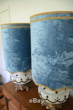 Pair of Large Carnival Glass Lamps with Turquoise Velvet Shades, vintage, 1950s