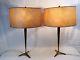 Pair Of Mid-century Brass Table Lamps Withwhip Stitch Shades 3-way Switch Vtg