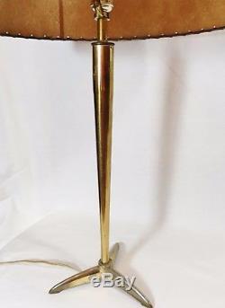 Pair of Mid-Century Brass Table Lamps withWhip Stitch Shades 3-way switch VTG