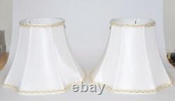 Pair of Small Silk Lamp Shades White with Gold Embroidered Trim Vintage Set